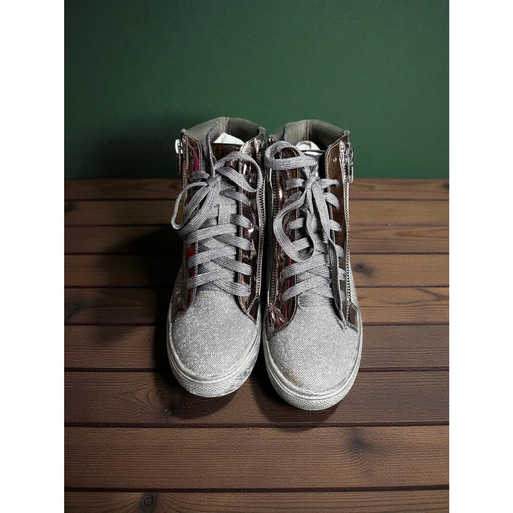 Lauren Lorraine Skippy Pewter Glitter High-Top Sneakers Women’s 7 | Glam Sparkle